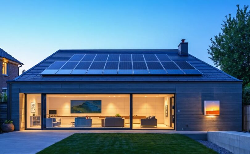 Modern home at dusk with rooftop solar panels and a wall-mounted battery storage unit glowing softly, with neighborhood rooftops and early night sky in the background.