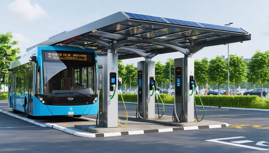 Public transit charging infrastructure featuring solar panel canopies over electric buses