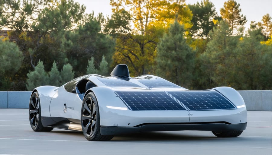 Engineering students collaborating on solar car construction in university workshop