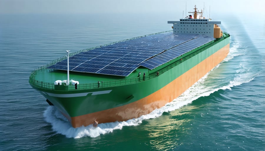 Commercial cargo vessel equipped with extensive solar panel arrays