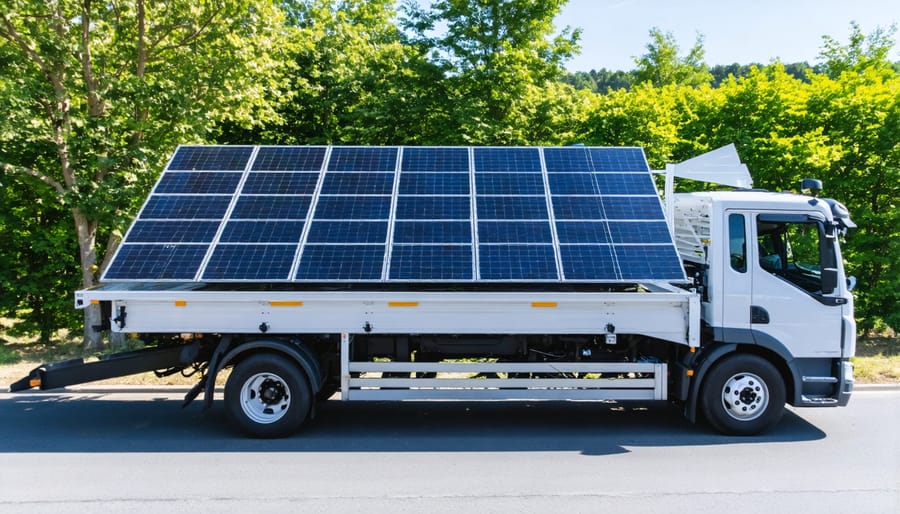 Commercial delivery van with integrated rooftop solar panels on highway
