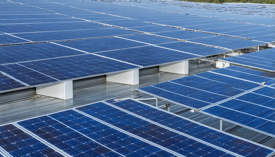 Aerial view of solar farm with cooling system infrastructure