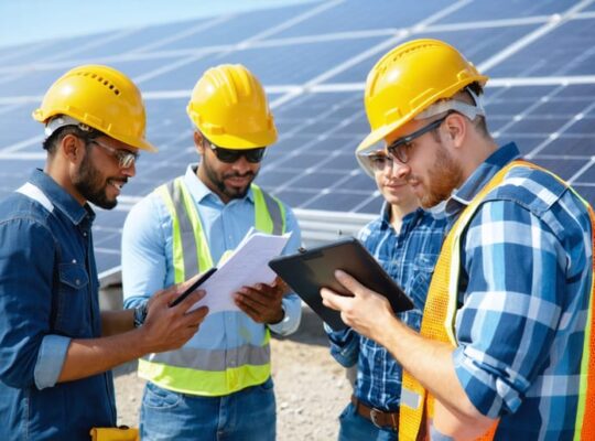 A team of solar professionals wearing safety gear, reviewing emergency response plans and safety protocols at a solar installation site, symbolizing preparedness in crisis management.