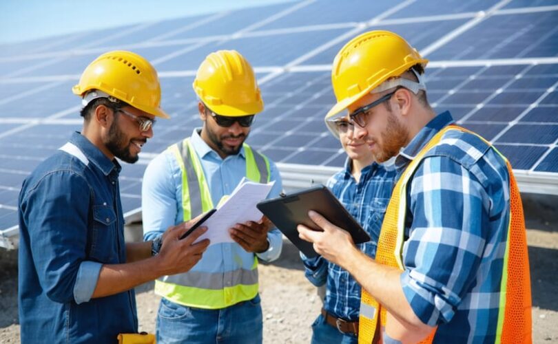 A team of solar professionals wearing safety gear, reviewing emergency response plans and safety protocols at a solar installation site, symbolizing preparedness in crisis management.