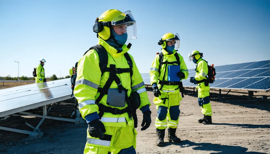 Solar emergency response team conducting crisis simulation exercise with safety equipment