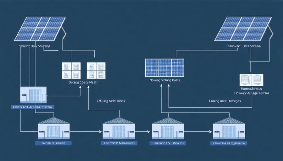 Infographic illustrating various solar PV data types including performance metrics, weather data, and maintenance logs