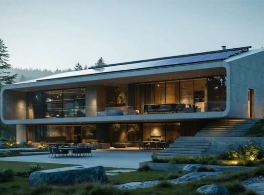 "Modern building with passive solar design elements like glazing and shading devices in a natural setting."