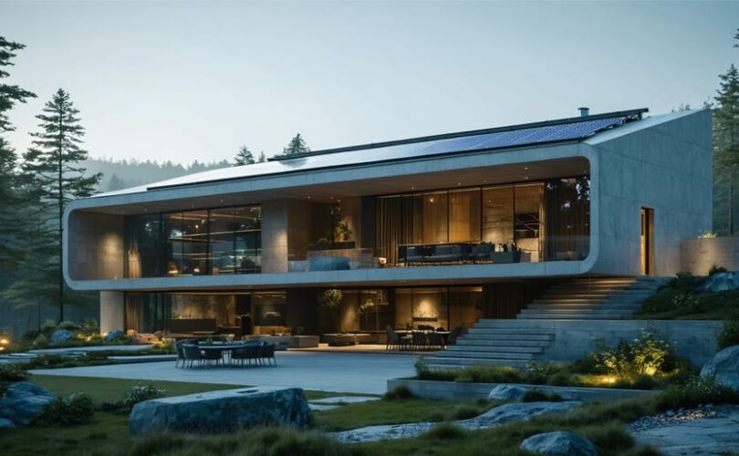 "Modern building with passive solar design elements like glazing and shading devices in a natural setting."