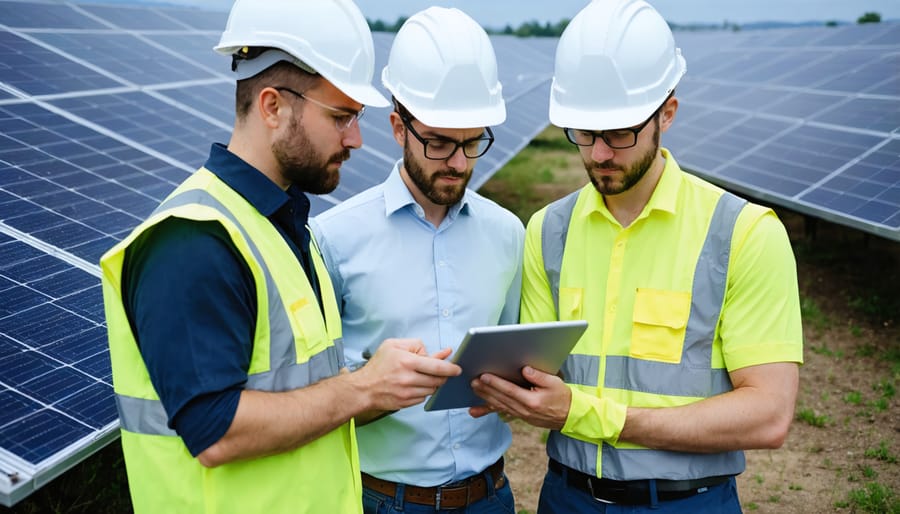 Solar professionals conducting risk assessment and reviewing emergency protocols at a solar installation site