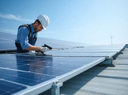 "Energy auditor with diagnostic tools inspecting solar panels on a building rooftop under a clear sky."