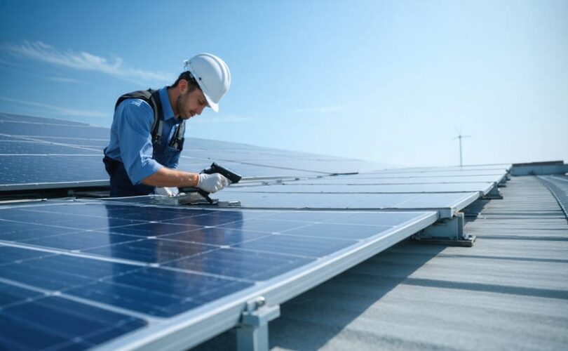 "Energy auditor with diagnostic tools inspecting solar panels on a building rooftop under a clear sky."