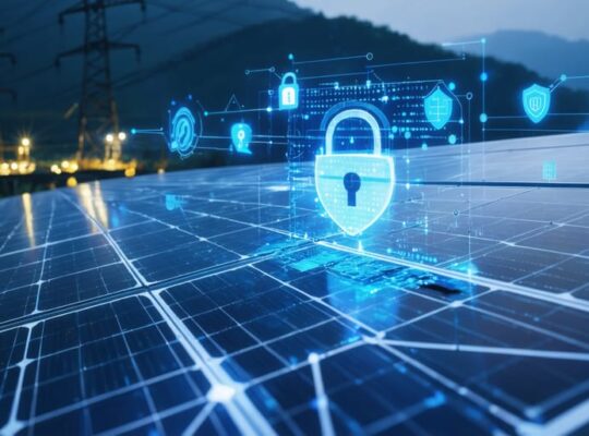 Conceptual illustration of a solar PV system with digital network lines and cybersecurity icons overlaid, representing the protection of solar energy infrastructure from cyber threats within an interconnected power grid.