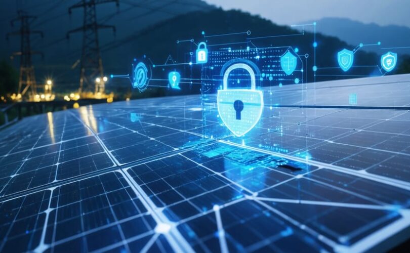 Conceptual illustration of a solar PV system with digital network lines and cybersecurity icons overlaid, representing the protection of solar energy infrastructure from cyber threats within an interconnected power grid.