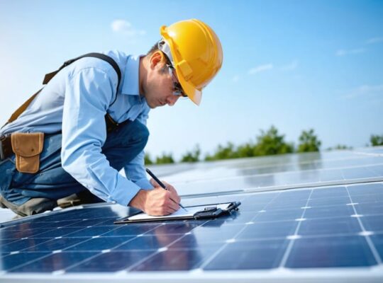Solar technician performing a quality control inspection on rooftop solar panels, with tools and checklist in hand, ensuring alignment and wiring integrity.