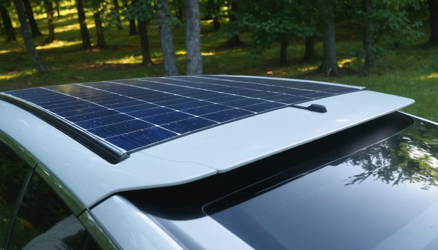 Modern electric vehicle featuring integrated solar panels on its exterior surfaces