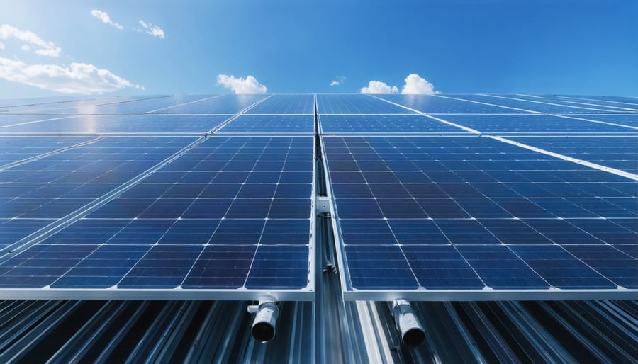 Business professionals meeting with solar farm visible through office window