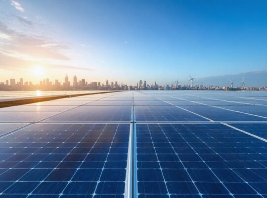 Expansive solar farm at sunrise with sharp foreground panels and a softly blurred city skyline, battery storage units, and wind turbines in the background.