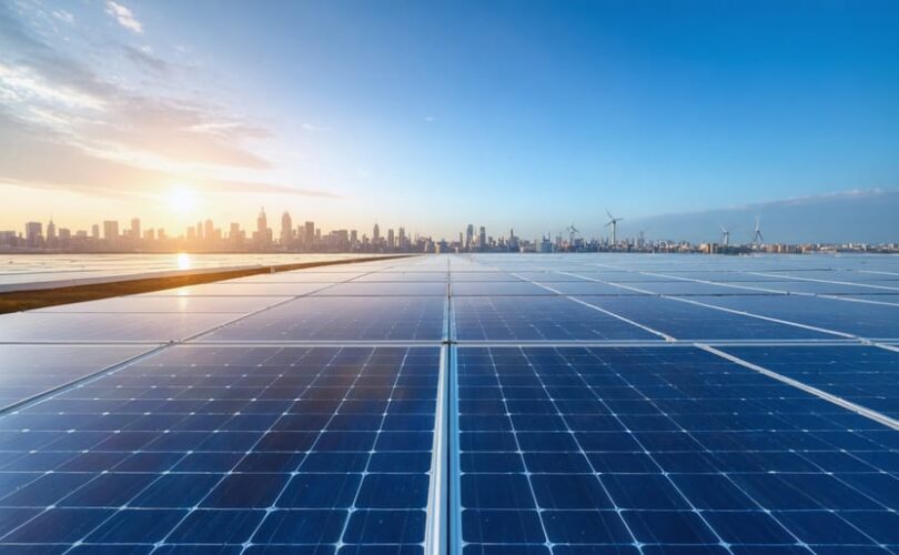 Expansive solar farm at sunrise with sharp foreground panels and a softly blurred city skyline, battery storage units, and wind turbines in the background.