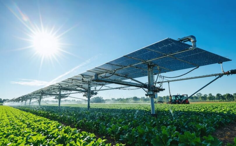 "Solar-powered irrigation system with solar panels in an agricultural field, highlighting sustainable farming technology under clear, sunny skies."