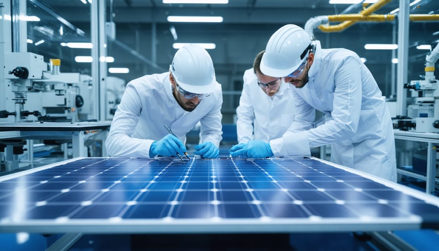 Research team of academics and industry professionals analyzing solar cell efficiency in a laboratory setting