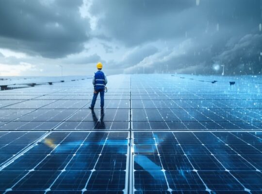 Conceptual image of a solar technician amid a field of solar panels showing wear and environmental impact under a cloudy sky, illustrating maintenance challenges in photovoltaic systems.