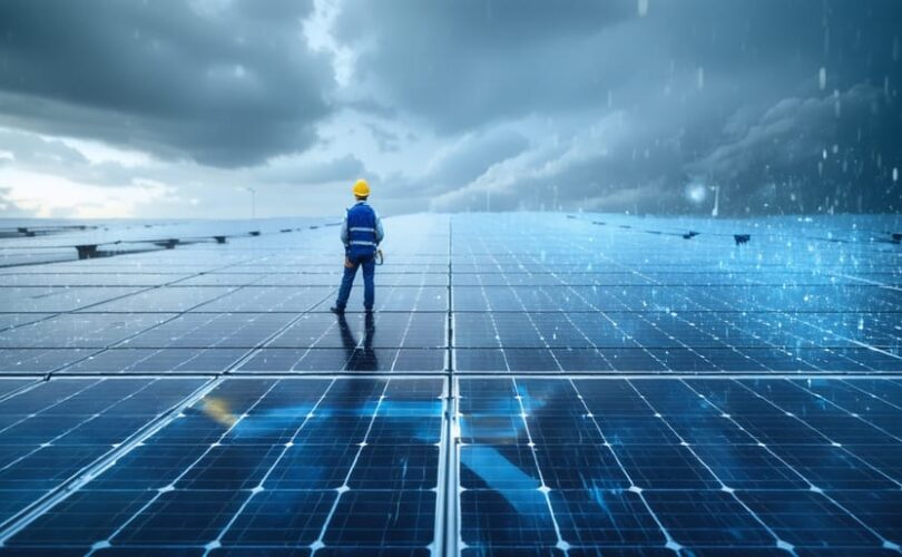 Conceptual image of a solar technician amid a field of solar panels showing wear and environmental impact under a cloudy sky, illustrating maintenance challenges in photovoltaic systems.