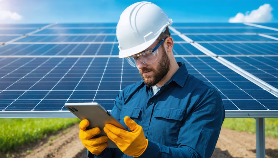 Maintenance technician performing diagnostic check on solar panel