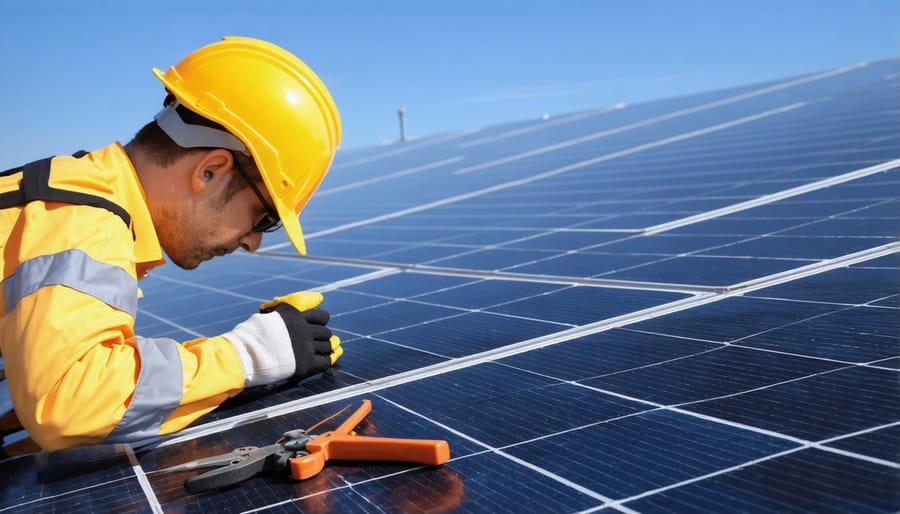 Collection of safety gear including harnesses, gloves, and specialized tools for PV system maintenance