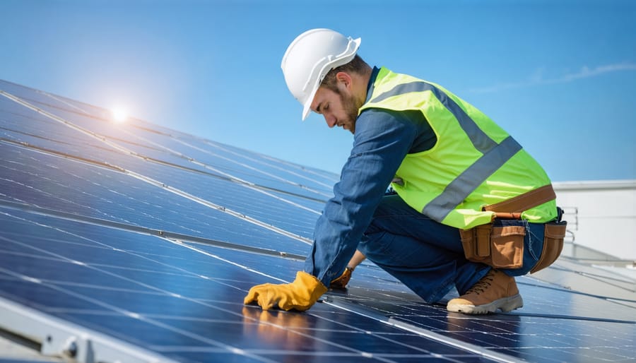 Professional technician in safety gear inspecting solar panels on commercial roof