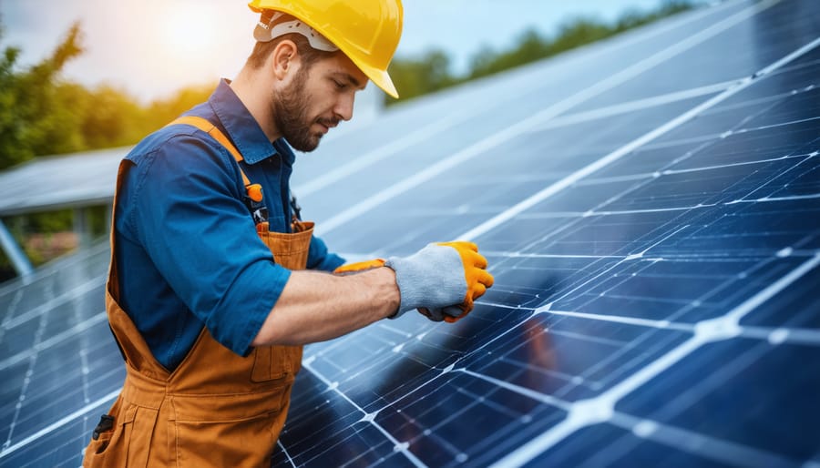 Maintenance technician inspecting rooftop solar installation