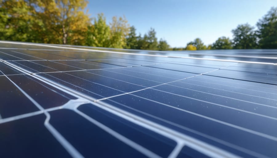 Solar technician using tablet device to inspect rooftop solar installation