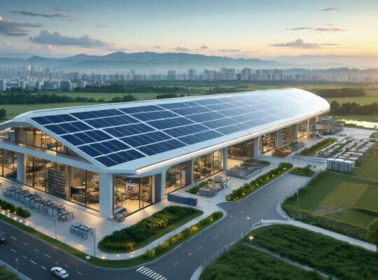 "Futuristic depiction of a solar microgrid integrating solar panels, energy storage, and AI-powered control systems across urban and rural areas, symbolizing innovation and community collaboration."