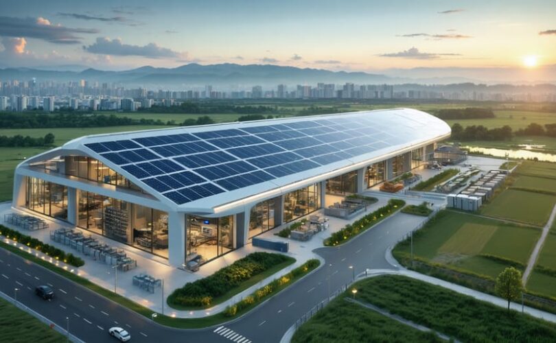 "Futuristic depiction of a solar microgrid integrating solar panels, energy storage, and AI-powered control systems across urban and rural areas, symbolizing innovation and community collaboration."