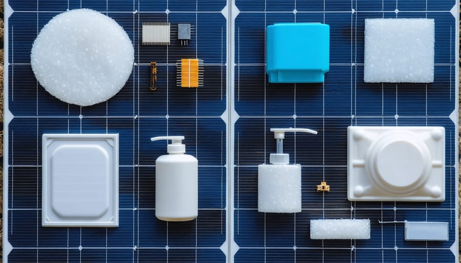 Dismantled solar panel components arranged on white surface showing various plastic parts