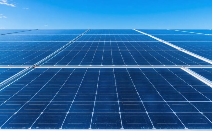 "Array of solar panels in an expansive field, emphasizing modern renewable energy efforts under a clear sky."