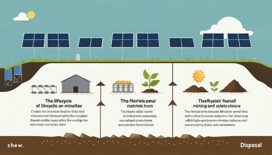 Visual representation of solar panel material lifecycle stages and environmental impacts