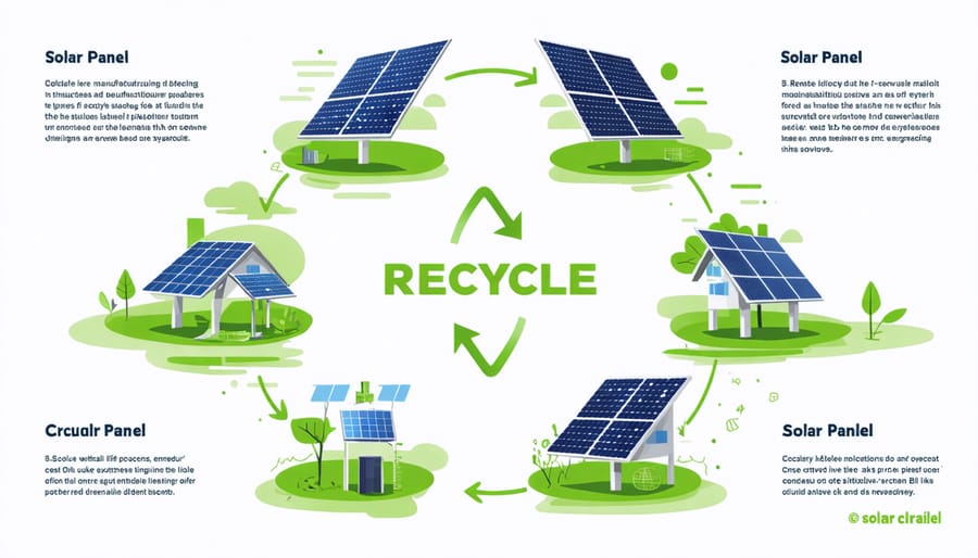 Circular diagram illustrating the complete lifecycle of solar panels including production, use, and recycling stages