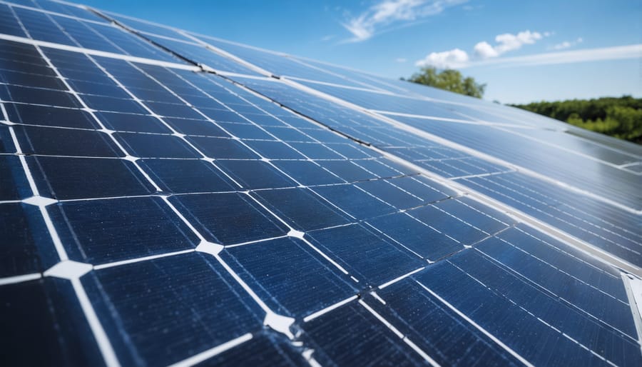Solar photovoltaic module undergoing quality inspection showing pristine cell surface