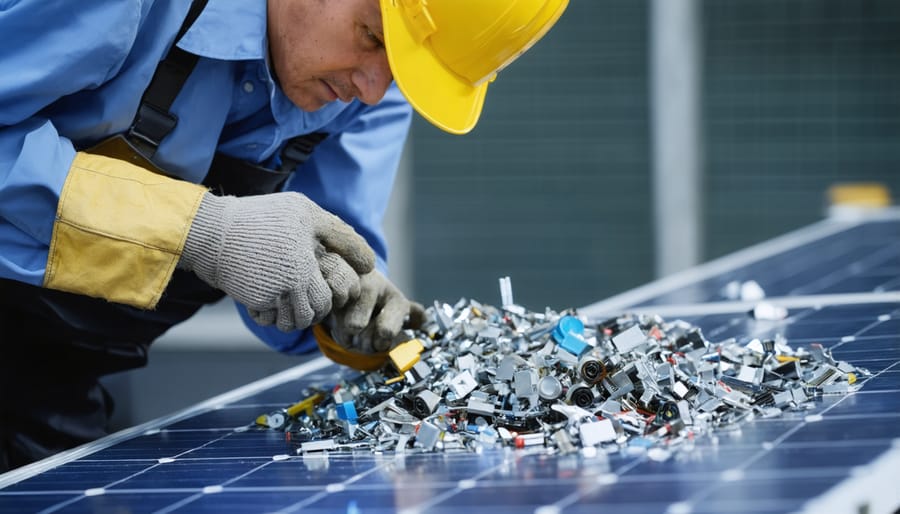 Technician wearing protective equipment dismantling solar panel for recycling