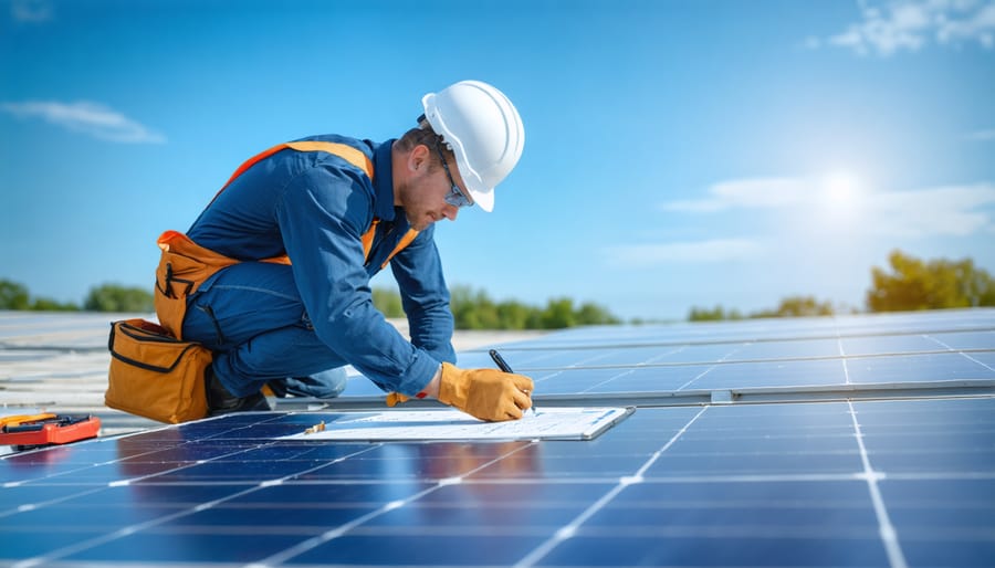Professional inspector examining solar panels with inspection checklist and multimeter