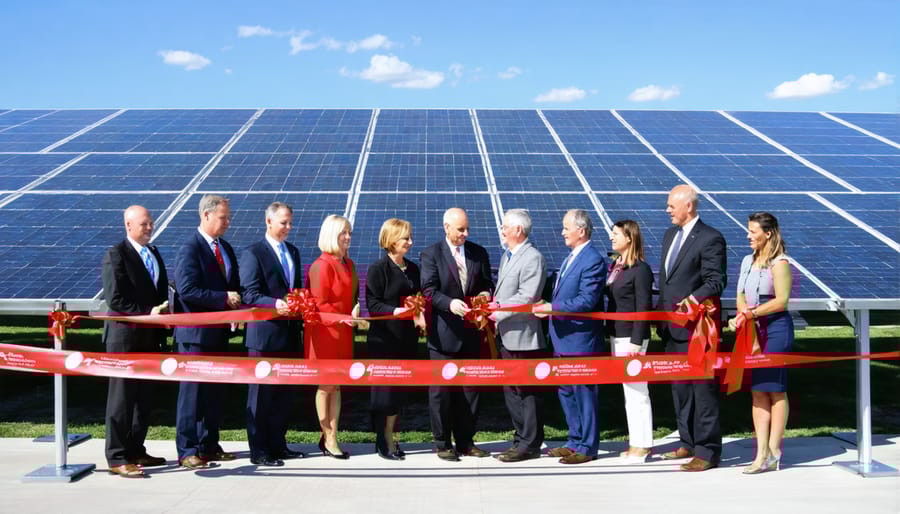 Public-private partnership celebration at the opening of a utility-scale solar facility