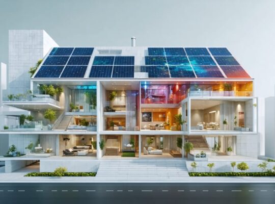Conceptual illustration showing the transformation of a traditional building into a solar powerhouse with integrated solar tiles and panels, representing sustainable urban development.