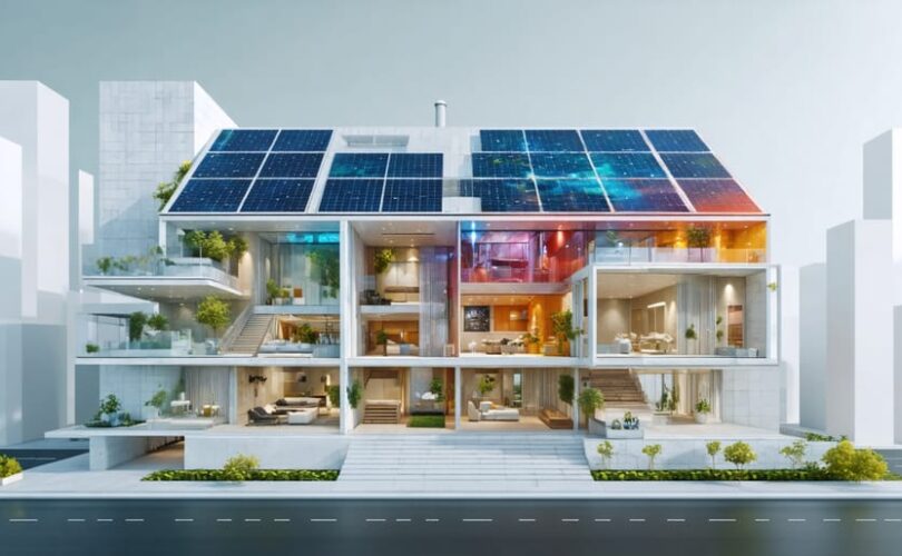 Conceptual illustration showing the transformation of a traditional building into a solar powerhouse with integrated solar tiles and panels, representing sustainable urban development.