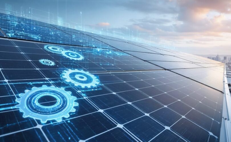 Conceptual illustration of solar PV systems integrated with advanced safety components and community elements, showcasing technology's role in fire risk reduction.