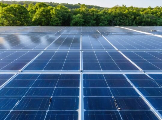 "Advanced solar PV installation with clean panels in a modern facility surrounded by green landscape."