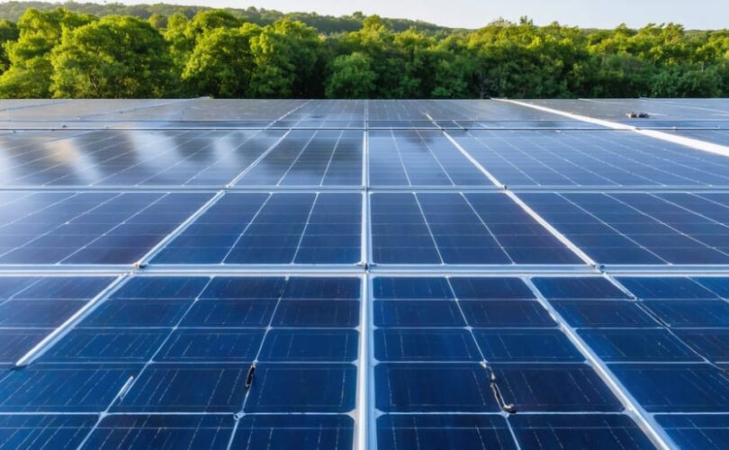 "Advanced solar PV installation with clean panels in a modern facility surrounded by green landscape."