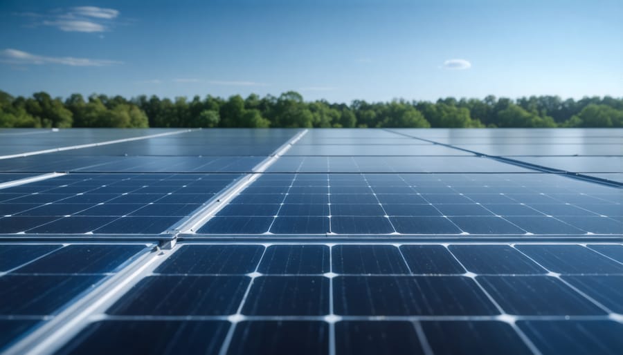 Manufacturing engineer with tablet inspecting solar photovoltaic cells on automated production line