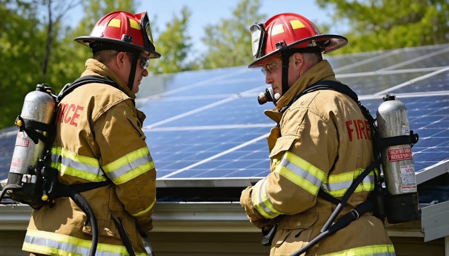 Firefighters inspecting rooftop solar installation during safety check