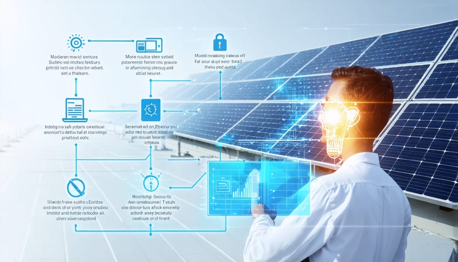 Screenshot of a solar PV monitoring dashboard showing security monitoring tools and alerts