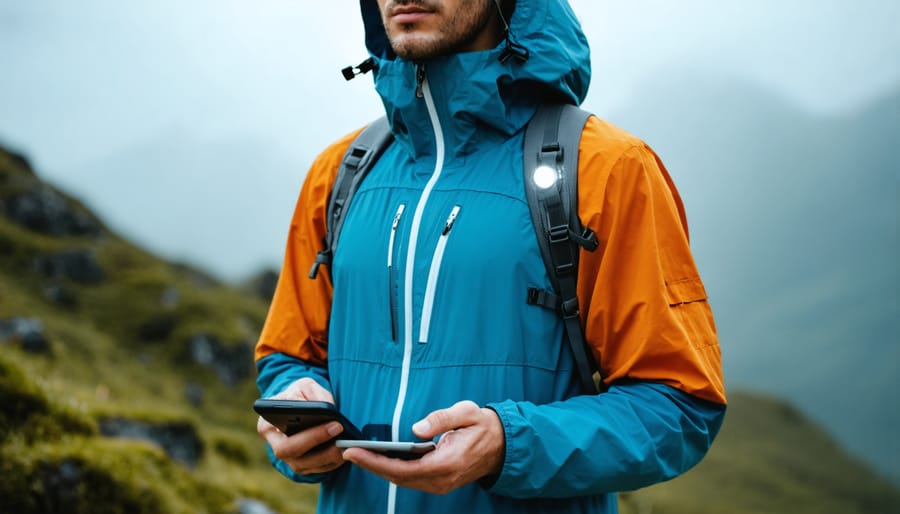Person wearing athletic jacket with built-in solar panels during outdoor activity